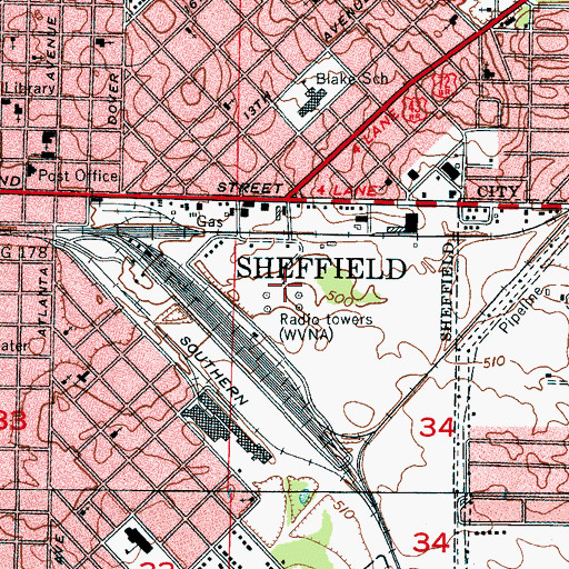 Topographic Map of WVNA-AM (Tuscumbia), AL