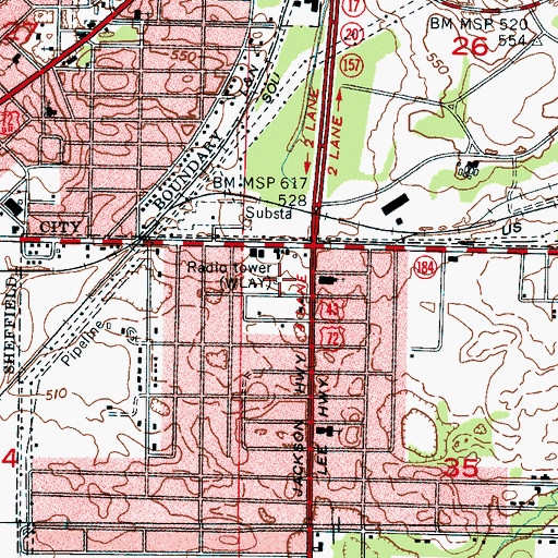 Topographic Map of WLAY-AM (Muscle Shoals), AL