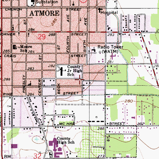 Topographic Map of WSKR-FM (Atmore), AL