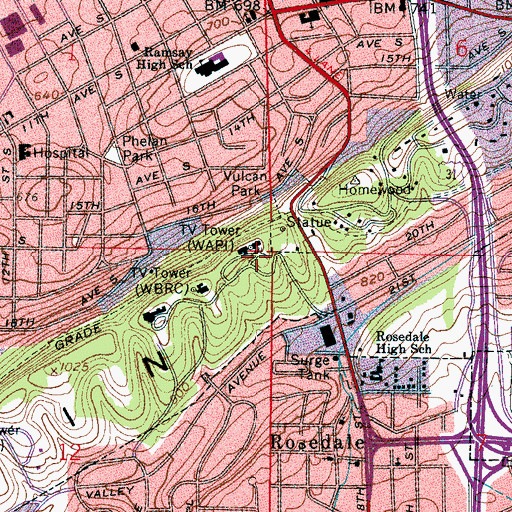 Topographic Map of WAPI-FM (Birmingham), AL