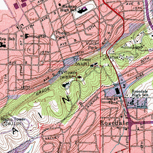 Topographic Map of WBIQ-TV (Birmingham), AL