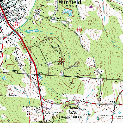 Topographic Map of W72A-TV (Winfield), AL