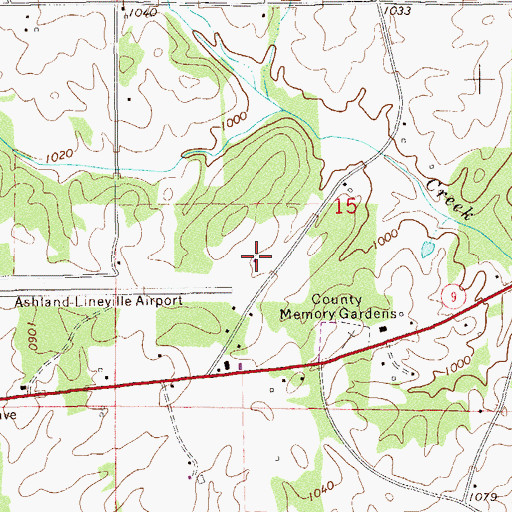 Topographic Map of Ashland/Lineville Airport, AL