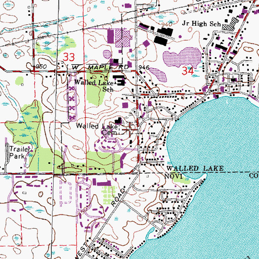 Topographic Map of Walled Lake Cemetery, MI