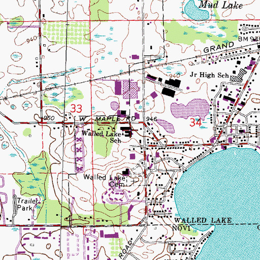 Topographic Map of Walled Lake School, MI