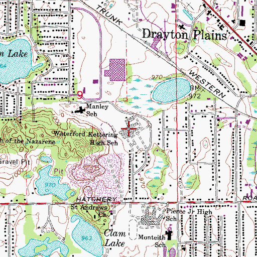 Topographic Map of Waterford Kettering High School, MI