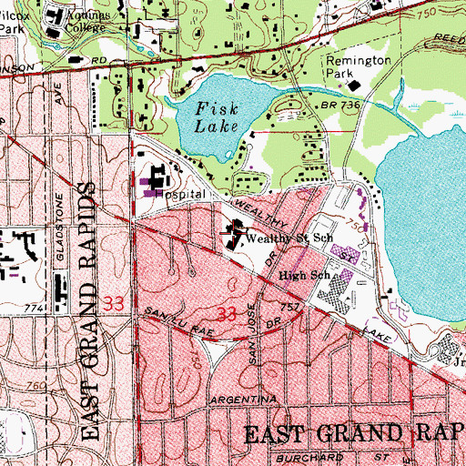 Topographic Map of Wealthy Street School, MI