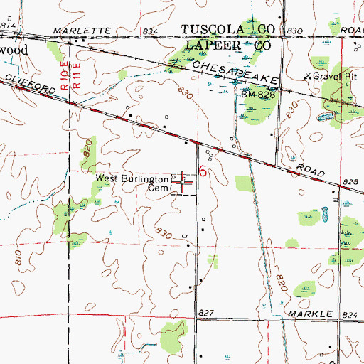 Topographic Map of West Burlington Cemetery, MI