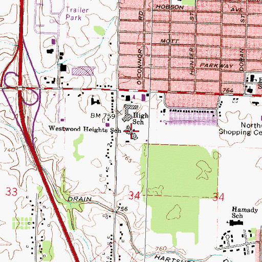 Topographic Map of Westwood Heights School, MI