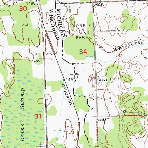Topographic Map of Whiskers Creek, MI