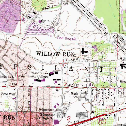 Topographic Map of Willow Run, MI