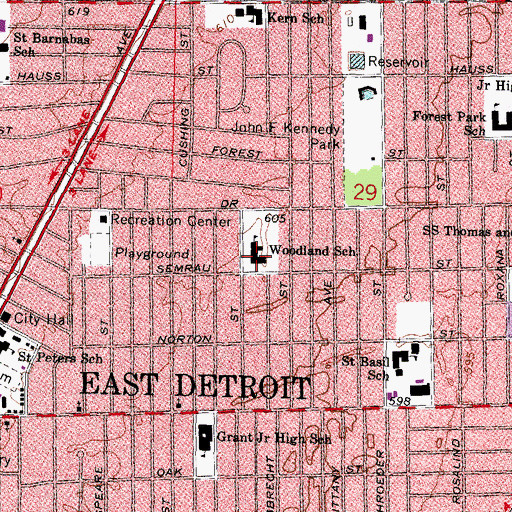 Topographic Map of Woodland School, MI