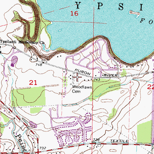 Topographic Map of Woodlawn Cemetery, MI