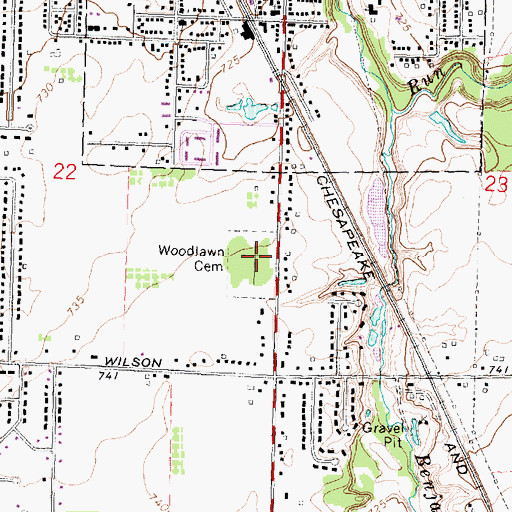 Topographic Map of Woodlawn Cemetery, MI