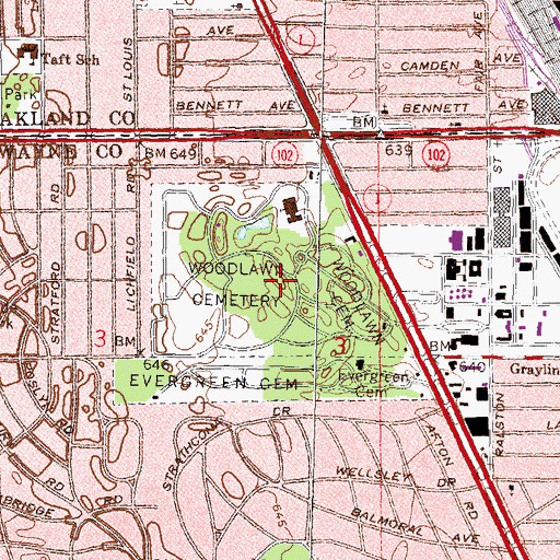 Topographic Map of Woodlawn Cemetery, MI