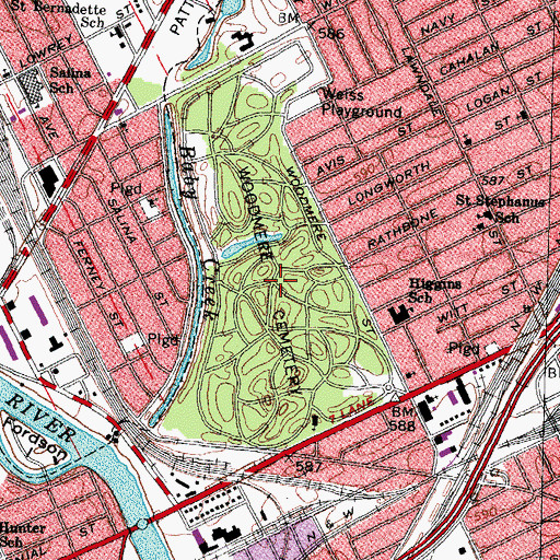 Topographic Map of Woodmere Cemetery, MI