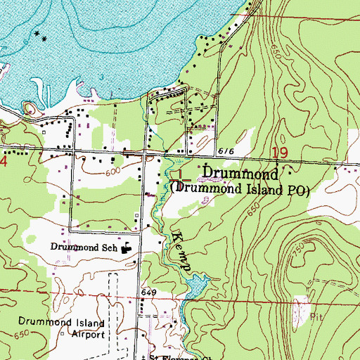 Topographic Map of Drummond Island Post Office, MI