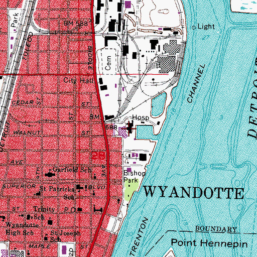 Topographic Map of Wyandotte General Hospital, MI