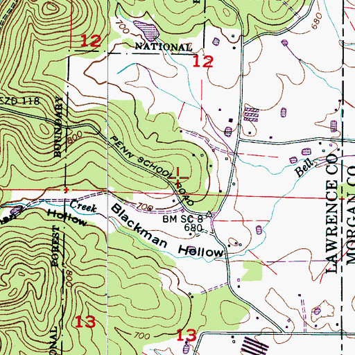 Topographic Map of New School (historical), AL
