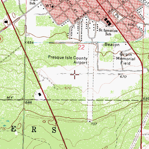 Topographic Map of Presque Isle County Airport, MI
