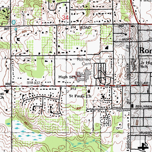 Topographic Map of Romeo High School, MI