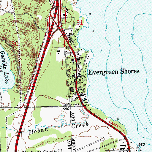 Topographic Map of Evergreen Shores, MI