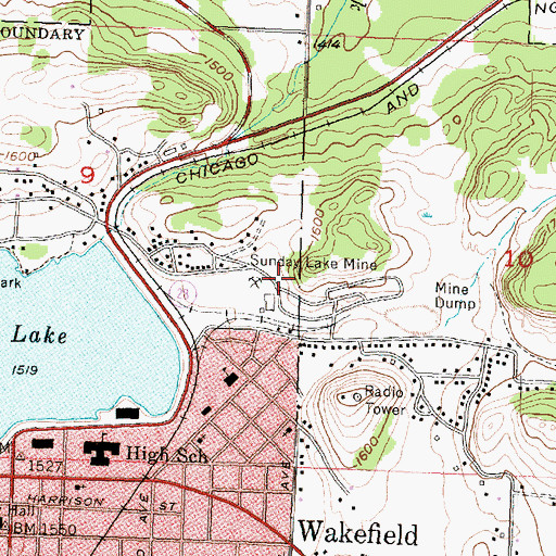 Topographic Map of Sunday Lake Mine, MI