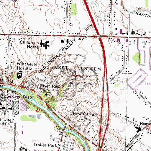 Topographic Map of Sunset Hills Cemetery, MI