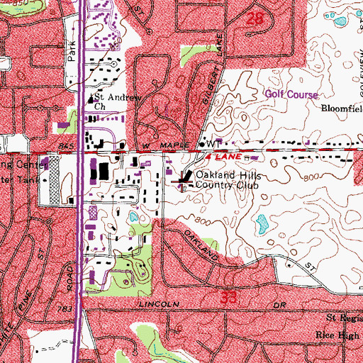 Topographic Map of Oakland Hills Country Club, MI