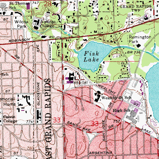 Topographic Map of Blodgett Memorial Medical Center Heliport, MI