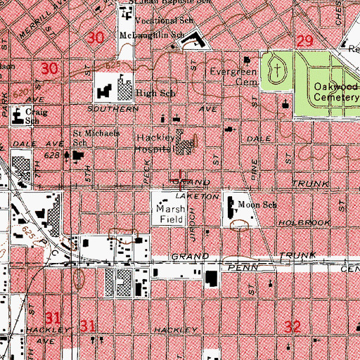 Topographic Map of Hackley Hospital Emergency Heliport, MI
