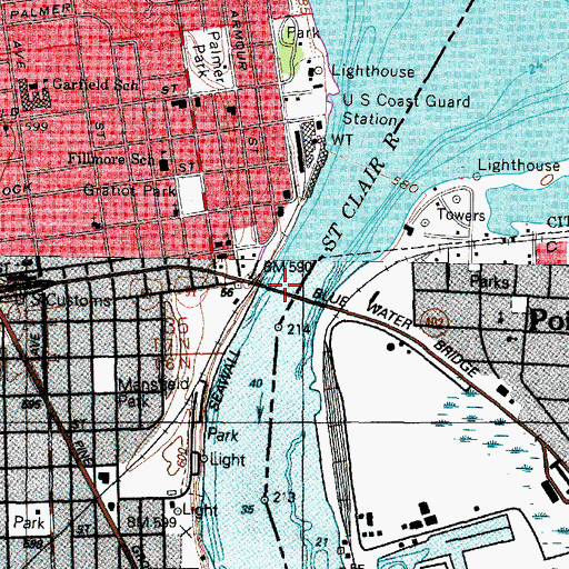 Topographic Map of Blue Water Bridge, MI