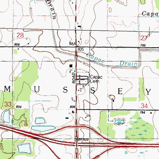 Topographic Map of Capac Cemetery, MI