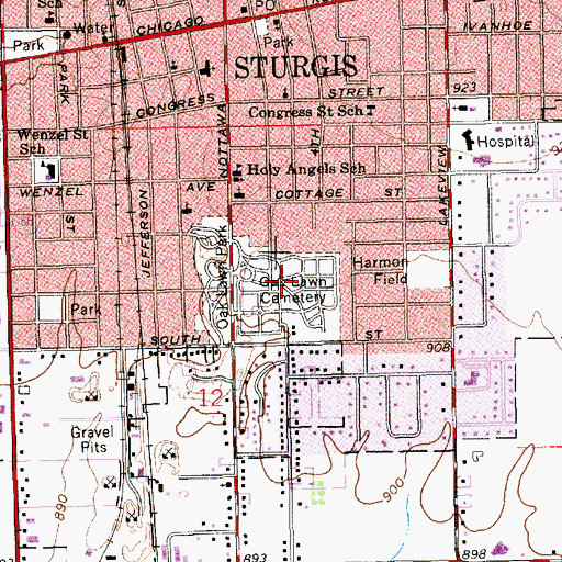 Topographic Map of Oak Lawn Cemetery, MI