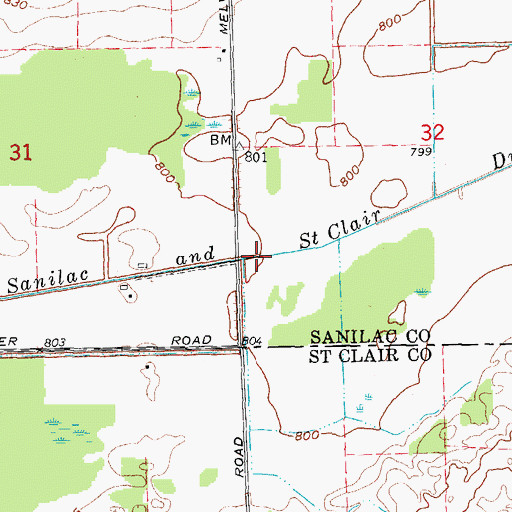 Topographic Map of Sanilac and Saint Clair Drain, MI