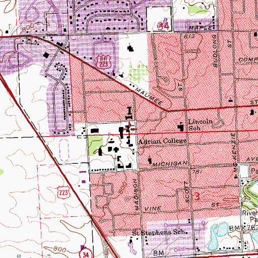 Topographic Map of WVAC-FM (Adrian), MI
