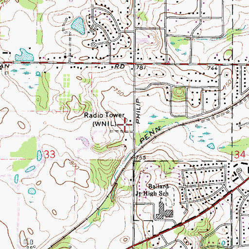 Topographic Map of WAOR-FM (Niles), MI