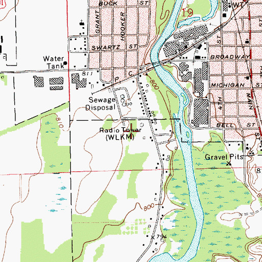 Topographic Map of WLKM-FM (Three Rivers), MI