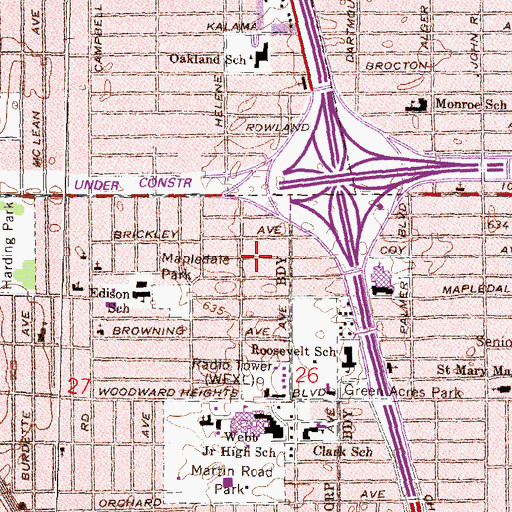 Topographic Map of WEXL-AM (Royal Oak), MI
