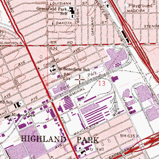 Topographic Map of WHPR-FM (Highland Park), MI