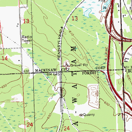Topographic Map of WSSW-FM (Mackinaw City), MI