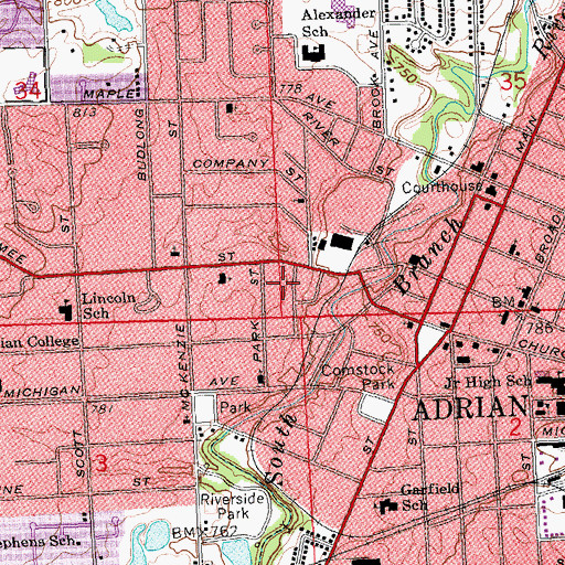 Topographic Map of City of Adrian, MI