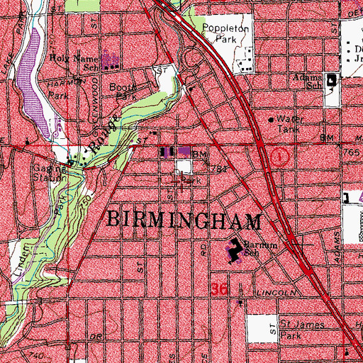 Topographic Map of City of Birmingham, MI