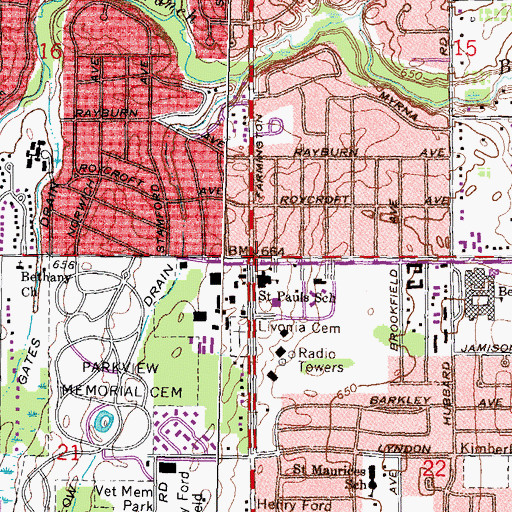 Topographic Map of City of Livonia, MI