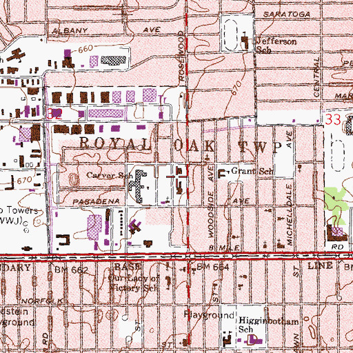 Topographic Map of Charter Township of Royal Oak, MI