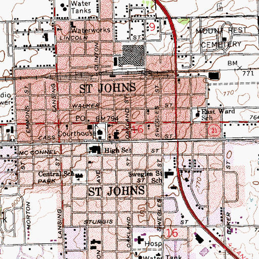 Topographic Map of City of Saint Johns, MI