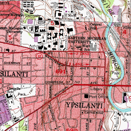 Topographic Map of City of Ypsilanti, MI