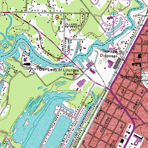 Topographic Map of Our Lady of Lourdes Cemetery, LA