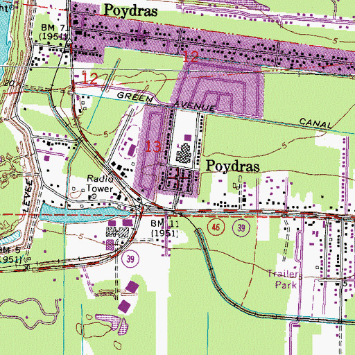 Topographic Map of Poydras, LA