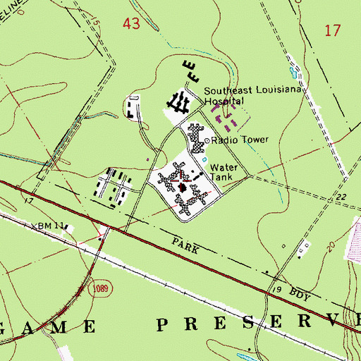 Topographic Map of Southeast Louisiana Hospital, LA